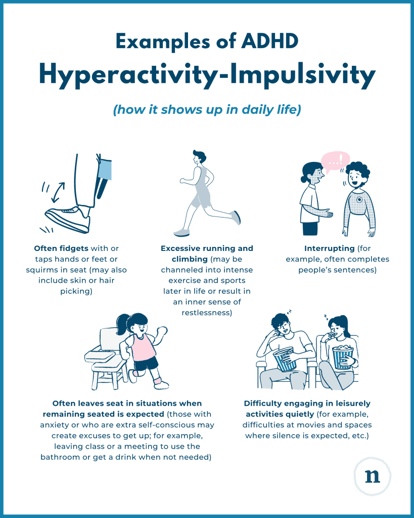 Illustrations of fidgeting, running, interrupting, and leaving seat