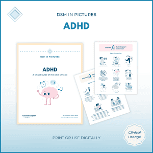Mockup of “ADHD: A Visual Guide of the DSM Criteria” booklet cover with a cheerful brain character and three illustrated interior pages highlighting ADHD DSM criteria.