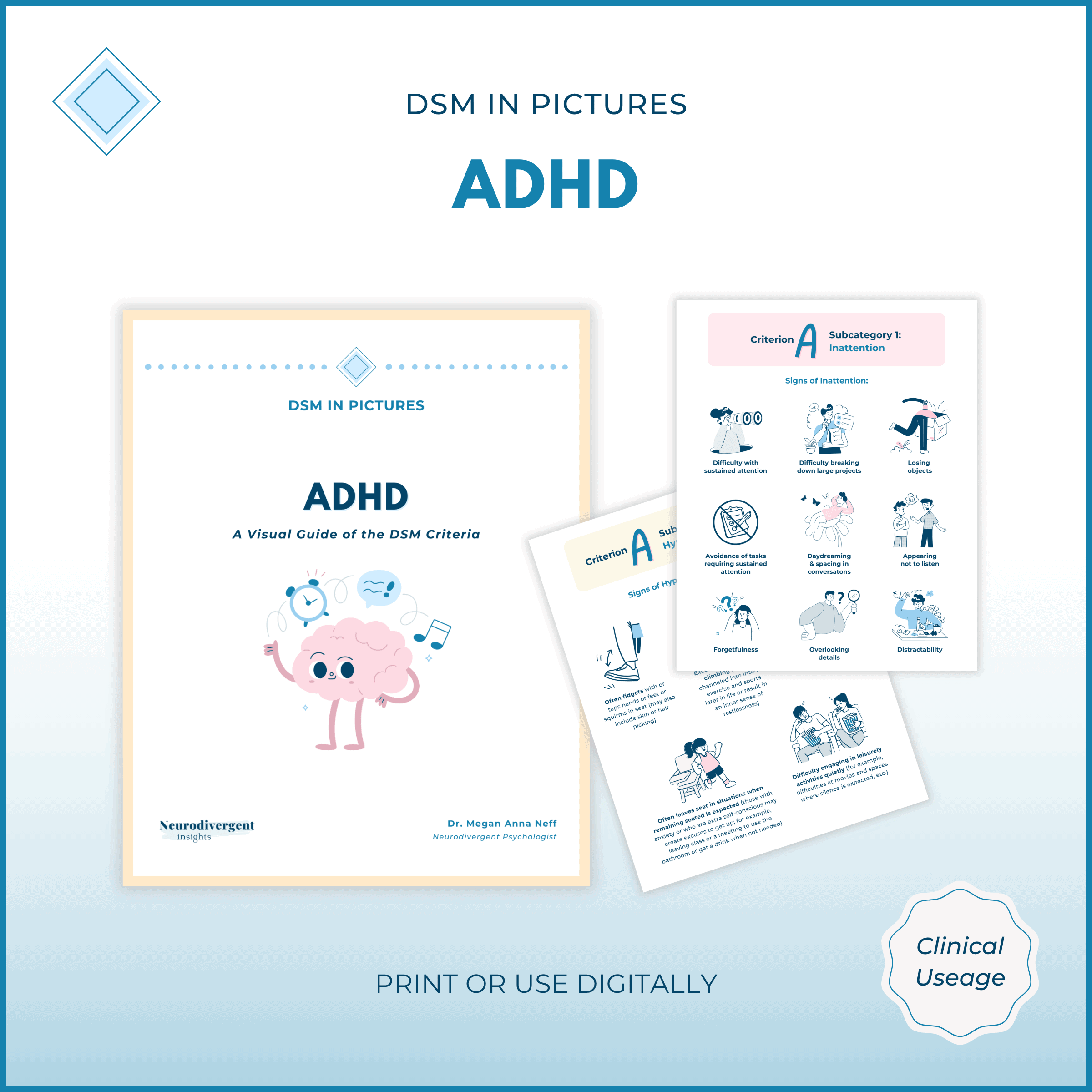 Mockup of “ADHD: A Visual Guide of the DSM Criteria” booklet cover with a cheerful brain character and three illustrated interior pages highlighting ADHD DSM criteria.