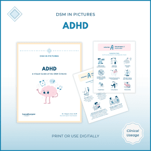 Visual guide preview for "DSM in Pictures: ADHD" showing the illustrated cover and an inattentive-traits page with icons