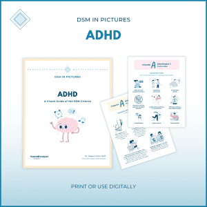 Visual guide preview for "DSM in Pictures: ADHD" showing the cover and a sample page mapping inattentive and hyperactive traits