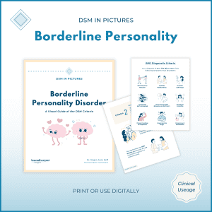 Visual guide preview for "DSM in Pictures: Borderline Personality Disorder" showing the cover and a BPD diagnostic criteria page with nine symptom icons