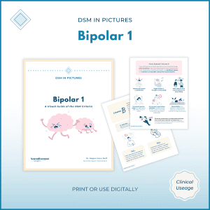 Visual guide preview for "DSM in Pictures: Bipolar 1" showing the cover and a Manic Episode Criterion B page with symptom and note pages