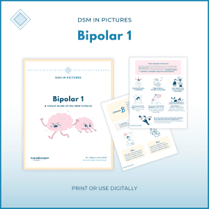 Visual guide preview for "DSM in Pictures: Bipolar 1" showing the cover and a Manic Episode Criterion B page with symptom icons