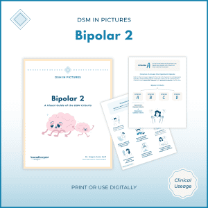 Visual guide preview for "DSM in Pictures: Bipolar 2" showing the cover and sample Criterion A and depressive episode pages with symptom icons