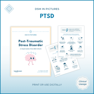 Visual guide preview for "DSM in Pictures: Post-Traumatic Stress Disorder" showing the cover and sample Criterion D and E symptom pages