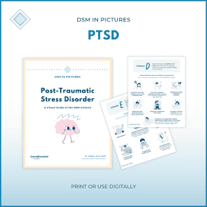 Visual guide preview for "DSM in Pictures: Post-Traumatic Stress Disorder" showing the cover and a Criterion D page on altered beliefs, mood, and memory
