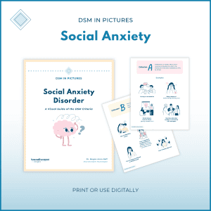 Visual guide preview for "DSM in Pictures: Social Anxiety Disorder" showing the cover and a Criterion A page of feared social situations