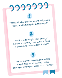 Notepad graphic with three questions managers can ask about sensory needs.