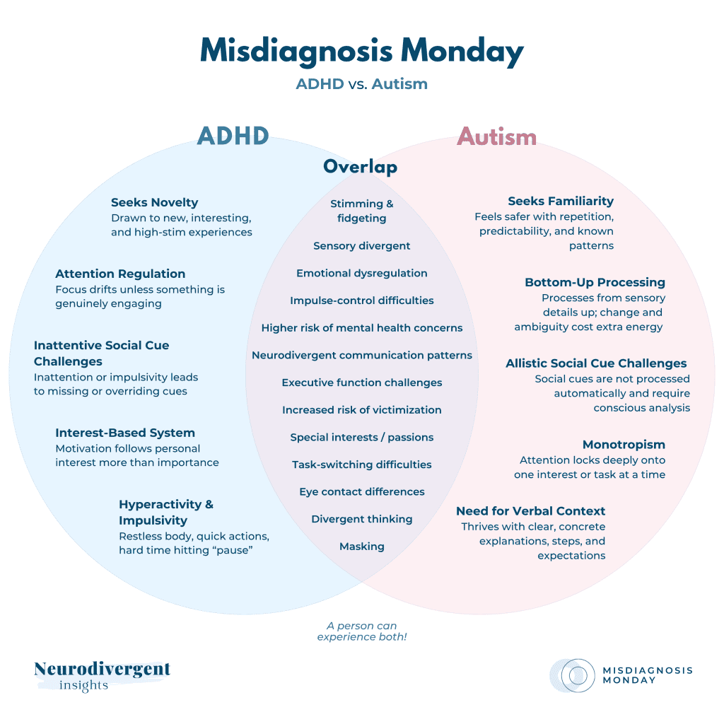 Detailed Venn diagram comparing distinct and overlapping traits of ADHD and autism