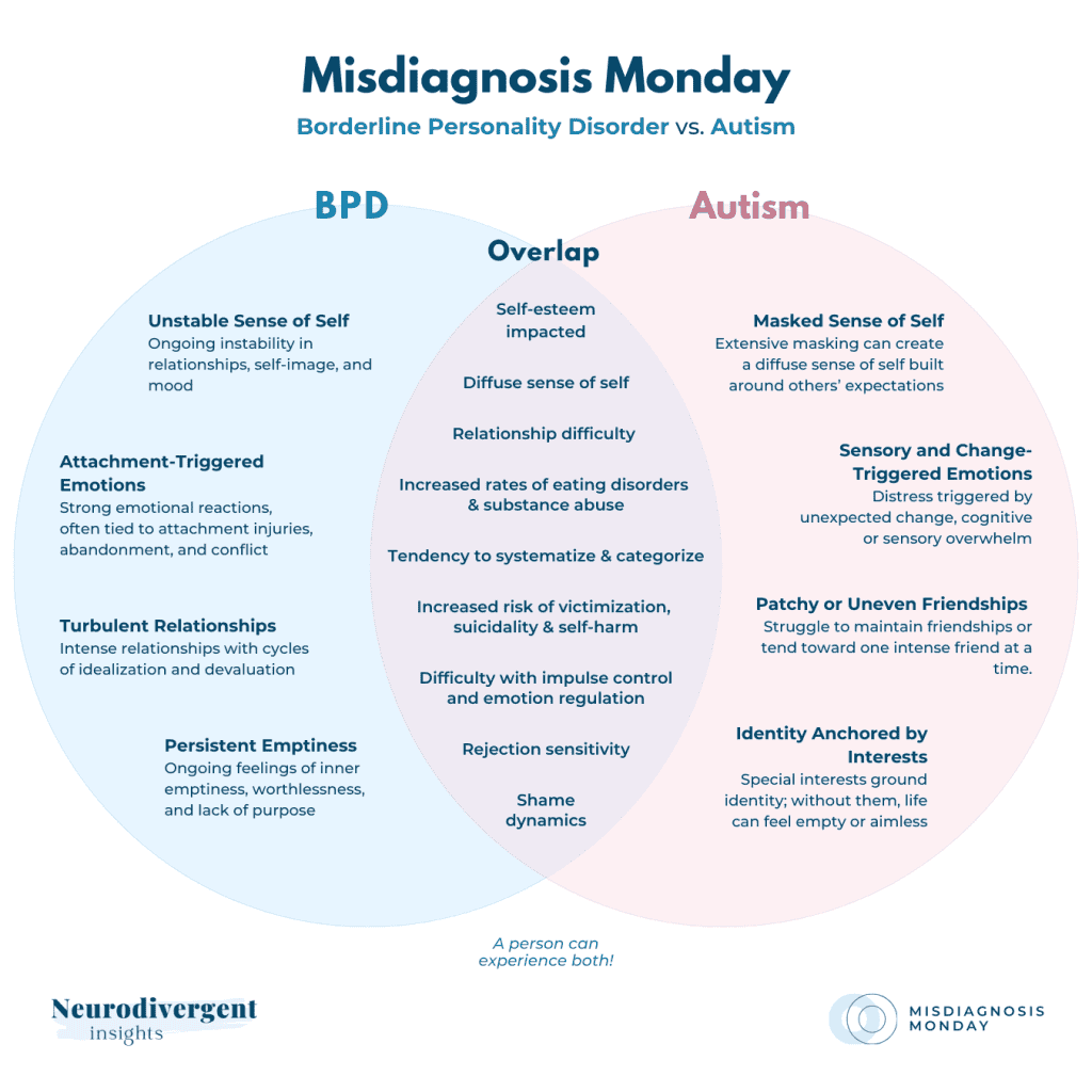 Detailed Venn diagram comparing distinct and overlapping traits of BPD and autism