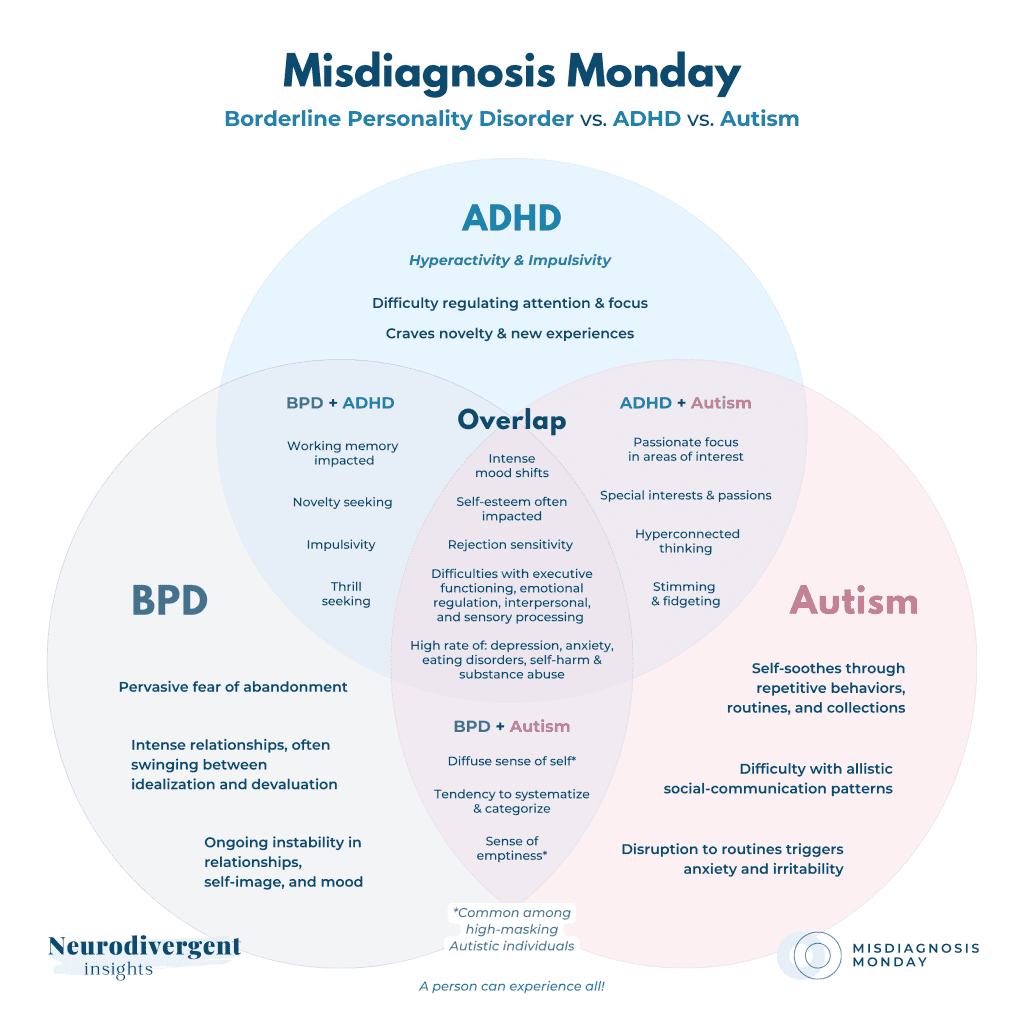 Detailed three-way Venn diagram comparing distinct and overlapping traits of ADHD, BPD, and autism