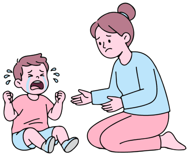 Illustration of a parent kneeling beside a distressed young child