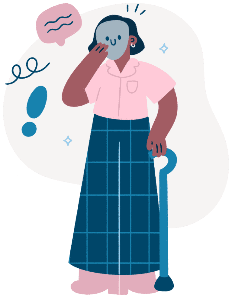 Illustration of a person with a cane holding a mask in front of their face