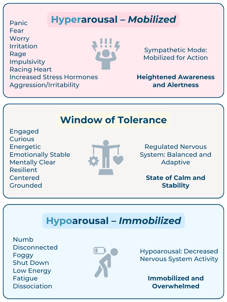 Three stacked boxes showing hyperarousal, the window of tolerance, and hypoarousal
