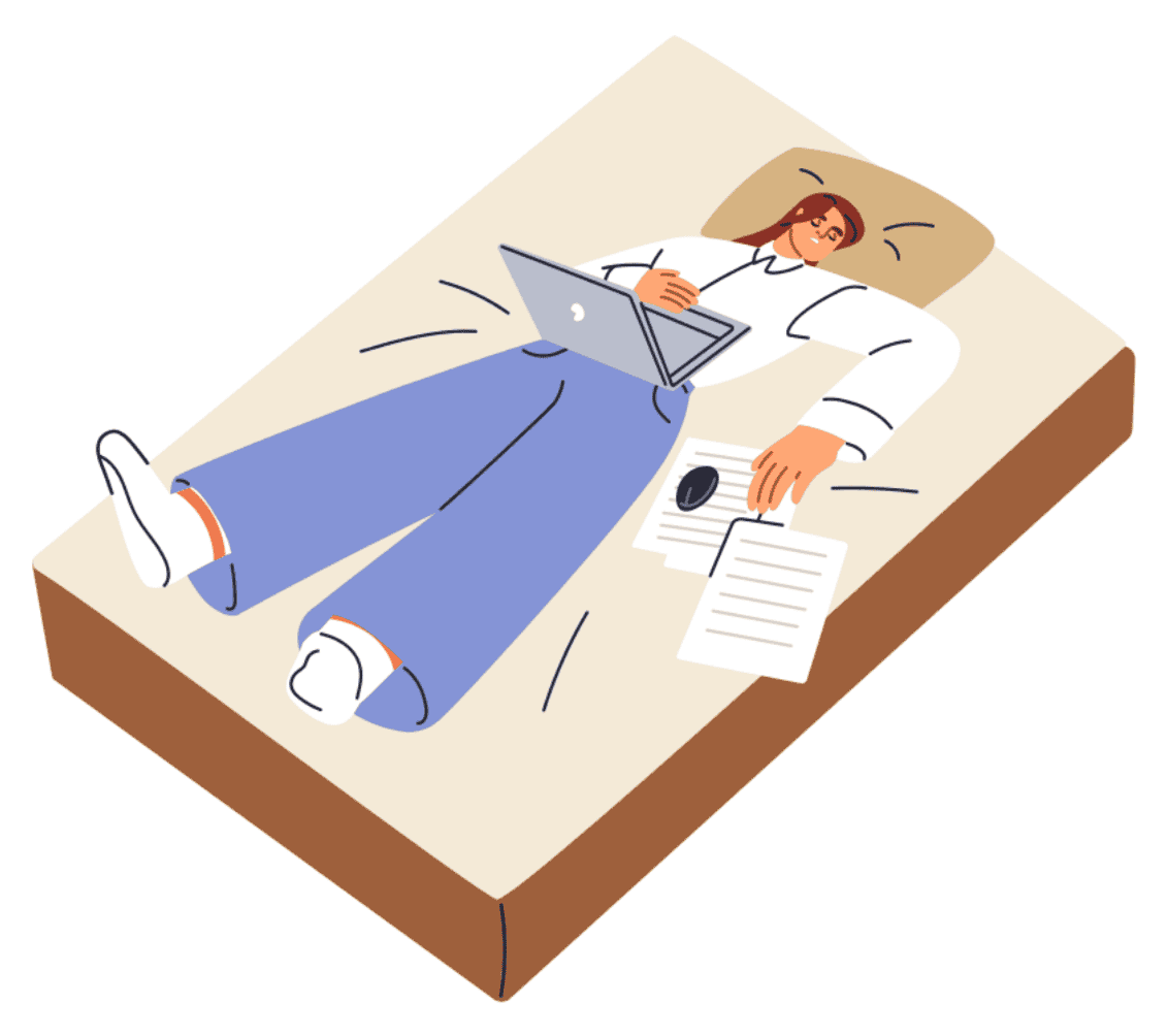 Illustration of an exhausted person lying flat on a mattress with a laptop and scattered papers