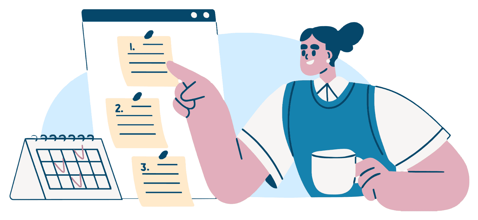 Illustration of a woman with a mug pointing to a numbered list beside a calendar, planning autistic burnout recovery