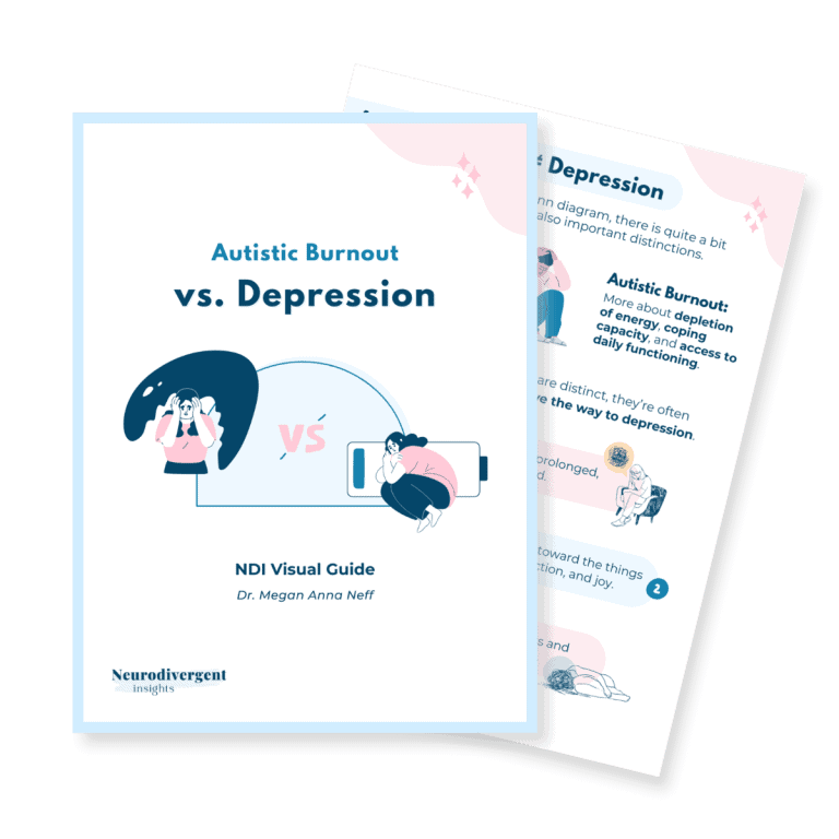 Two pages from the Autistic Burnout vs. Depression visual guide