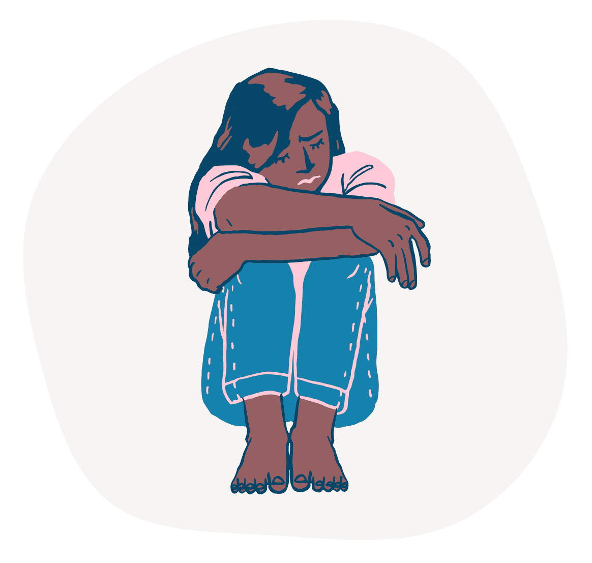 Illustration of a person sitting curled up, hugging their knees