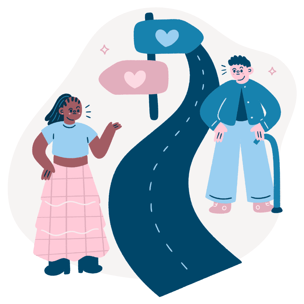 Two people on either side of a winding road with heart signposts pointing in different directions